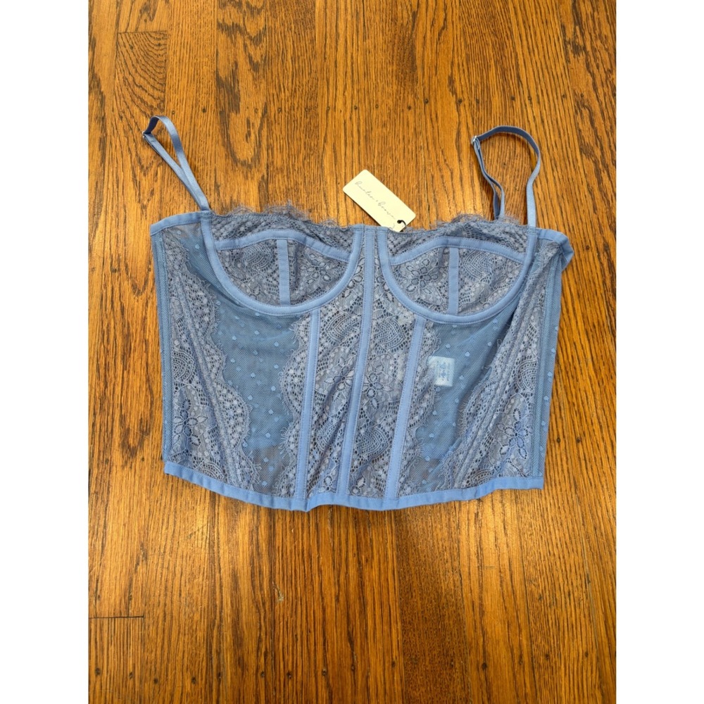 Hunter & Brown Blue Lace Corset Top Bustier Mesh Boned Coquette M NWT
